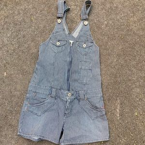 B.b Dakota railroad striped jean denim overalls shorts zipper pin striped blue